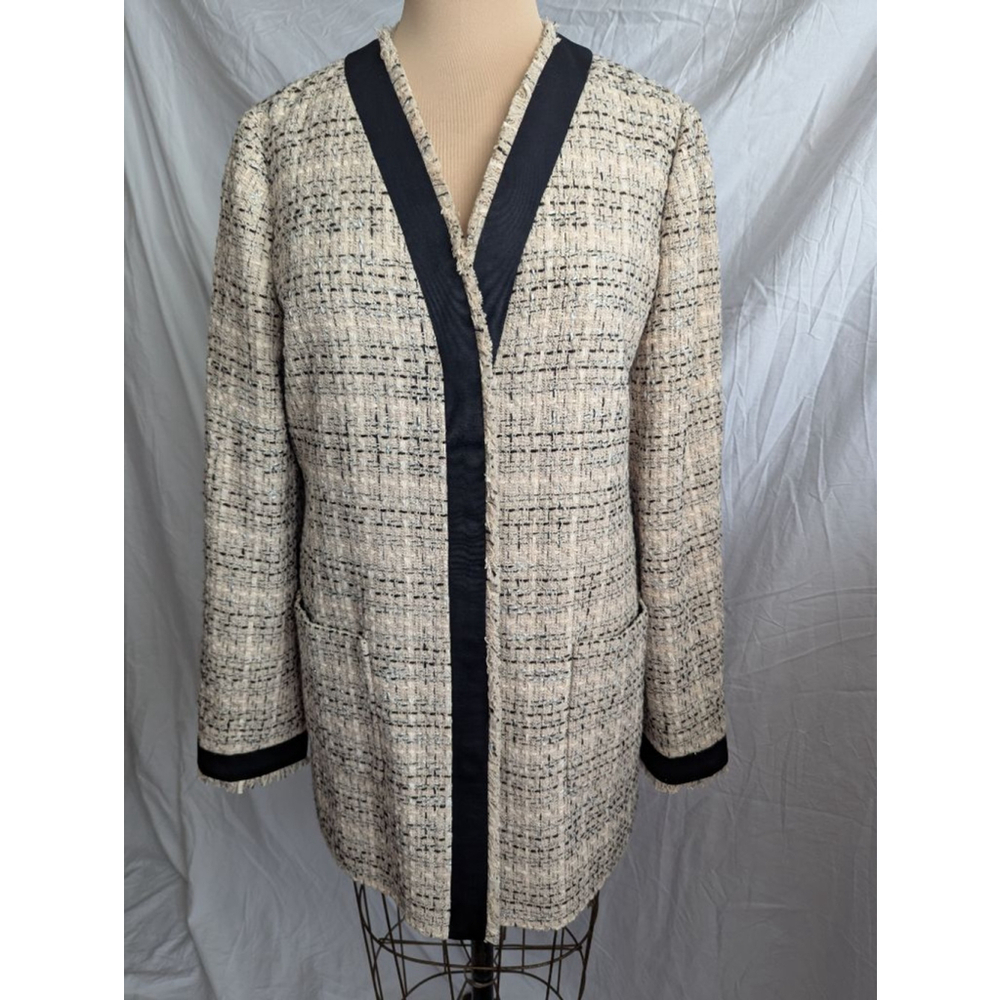 Ann Taylor Tweed Long Line Jacket Blazer Cream Black Tan V-Neck Sz M Old Money